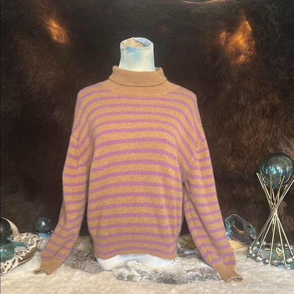 Demylee Cashmere Striped Purple and Tan Turtleneck Sweater M (6022A) - Picture 1 of 5
